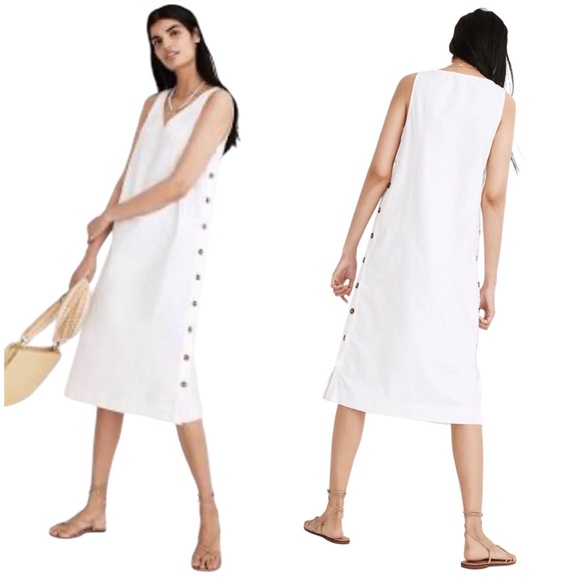Madewell Dresses & Skirts - Madewell White Linen Cotton Side Button V-Neck Midi Dress Small